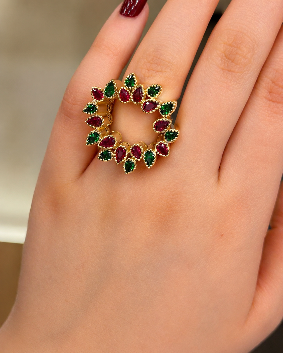 Ruby Emerald Halo Ring